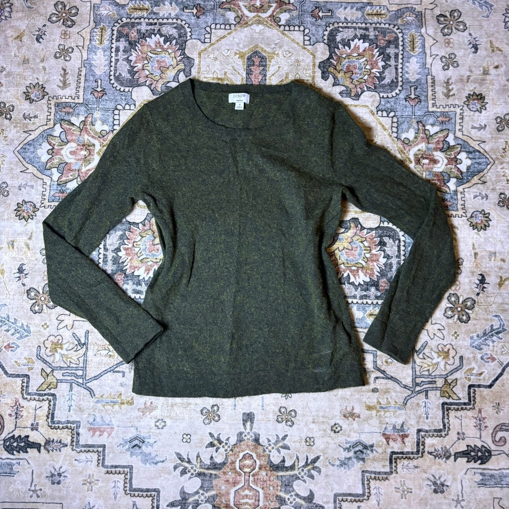 J.Crew Teddie Sweater Forest Green Cotton Merino Wool Crewneck Small Fall